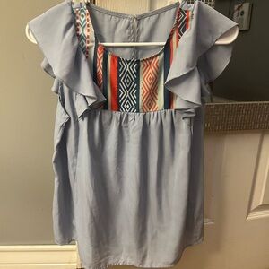 Blue Ruffled Women's Top with Geometric Pattern